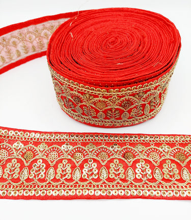 2 Yards, Red Gold Embroidered Lace Trim Sequins Trim 9 Yard Decorative Sari Border Costume Ribbon Crafting Sewing Tape